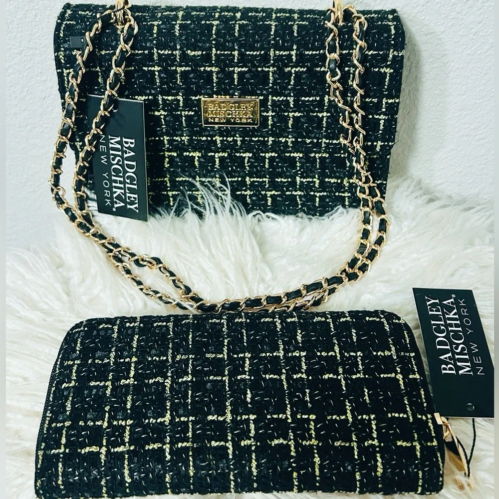 Badgley Mischka Black and Gold Tweed Bag & Wallet Matching Set NWT - Picture 2 of 9
